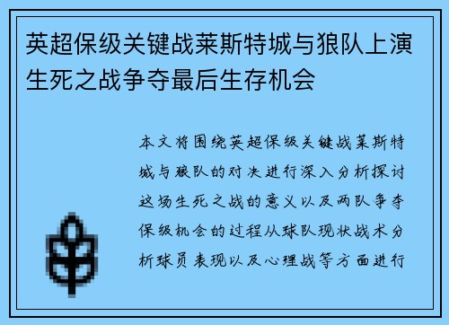 英超保级关键战莱斯特城与狼队上演生死之战争夺最后生存机会